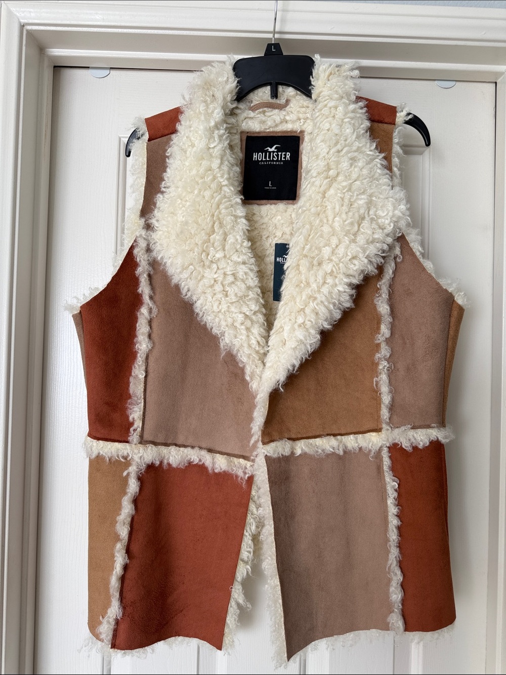 Hollister Patchwork Faux-Suede Shearling Vest in Brown and Cream